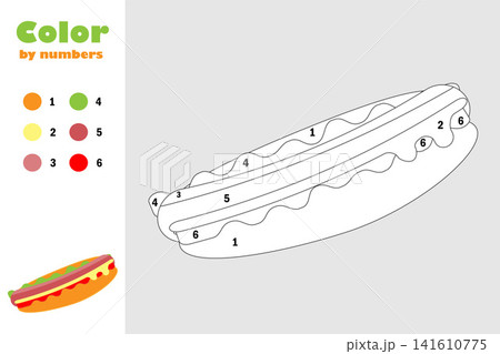 Hot dog in cartoon style, color by number, education paper game for the development of children, coloring page, kids preschool activity, printable worksheet, vector illustration Hot dog in cartoon style, color by number, education paper game for the development of children, coloring page, kids preschool activity, printable worksheet, vector illustration 141610775