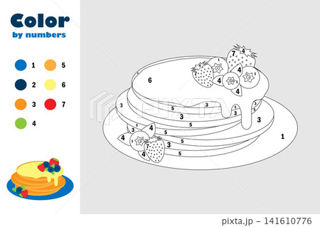 Pancakes in cartoon style, color by number, education paper game for the development of children, coloring page, kids preschool activity, printable worksheet, vector illustration Pancakes in cartoon style, color by number, education paper game for the development of children, coloring page, kids preschool activity, printable worksheet, vector illustration 141610776