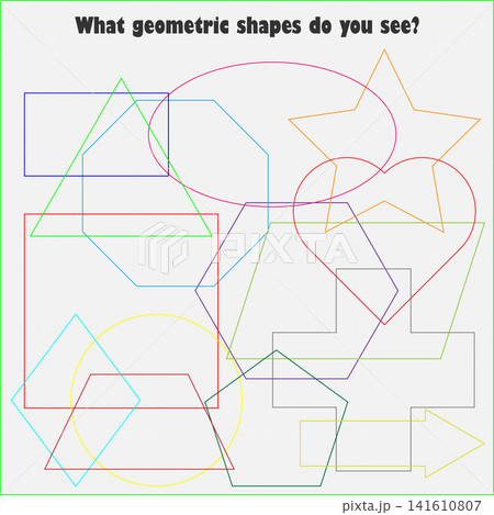 Find hidden objects on the picture, different colorful geometric shapes, mishmash contour set, fun education game for kids, preschool activity for children, vector illustration Find hidden objects on the picture, different colorful geometric shapes, mishmash contour set, fun education game for kids, preschool activity for children, vector illustration 141610807