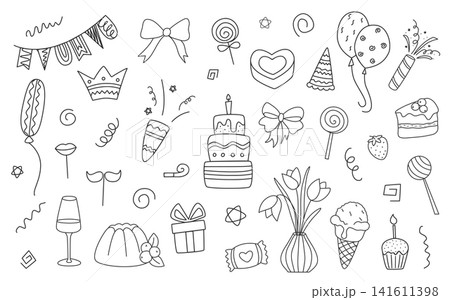 Set of birthday themed doodle illustrations Set of birthday themed doodle illustrations 141611398