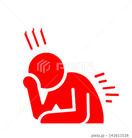 腰や背中の痛みに悩みうずくまる人物のピクトグラム(赤) 腰や背中の痛みに悩みうずくまる人物のピクトグラム(赤) 141611526