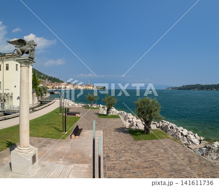 Close drone view of the winged Lion of Saint Mark above the Salo waterfront Close drone view of the winged Lion of Saint Mark above the Salo waterfront 141611736