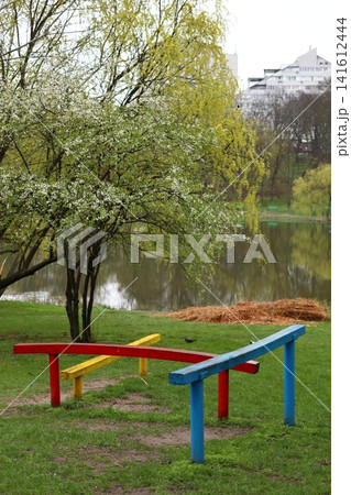 Obstacle course consisting of three sports logos. 141612444