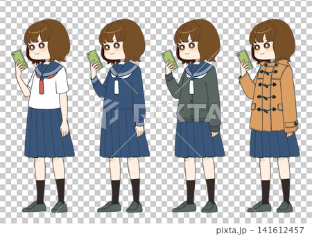 一組照片，照片中一名身穿水手服的女孩正在操作智慧型手機。 141612457