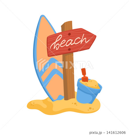 Red beach wooden arrow pointer with surf board, bucket, scoop and sand isolated on white background. Direction sign with lettering cartoon illustration Red beach wooden arrow pointer with surf board, bucket, scoop and sand isolated on white background. Direction sign with lettering cartoon illustration 141612606