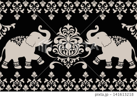 Decorative elephant and ornamental damask border seamless pattern in black and white. Elegant repeat design for fabric borders, wallpaper, wrapping paper, stationery, home decor and textile projects. Decorative elephant and ornamental damask border seamless pattern in black and white. Elegant repeat design for fabric borders, wallpaper, wrapping paper, stationery, home decor and textile projects. 141613218