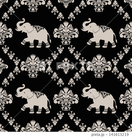 Elegant seamless elephant and damask ornamental pattern in black and white. Decorative repeating wallpaper inspired by traditional floral motifs for fabric, textile, wrapping paper, home decor, Elegant seamless elephant and damask ornamental pattern in black and white. Decorative repeating wallpaper inspired by traditional floral motifs for fabric, textile, wrapping paper, home decor, 141613219