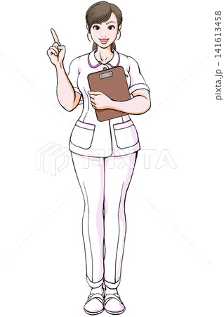 指差しポーズでファイルを持つ看護師・ナース服の若い女性 指差しポーズでファイルを持つ看護師・ナース服の若い女性 141613458