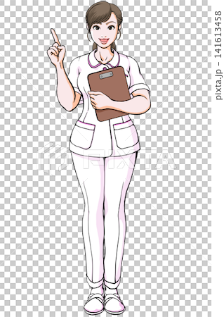 指差しポーズでファイルを持つ看護師・ナース服の若い女性 指差しポーズでファイルを持つ看護師・ナース服の若い女性 141613458