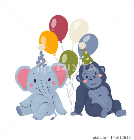 Elephant and gorilla with balloons and party hats. Vector illustration in gentle pastel flat style. Birthday animal composition for nursery cards, invitations, posters, party decor and kids packaging. Elephant and gorilla with balloons and party hats. Vector illustration in gentle pastel flat style. Birthday animal composition for nursery cards, invitations, posters, party decor and kids packaging. 141613619