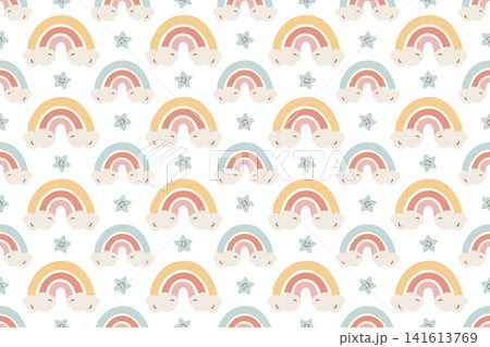 Seamless pattern with pastel rainbows, fluffy clouds and small stars. Cute children background for textile design. Decorative wallpaper element with soft colors for nursery decor motif. 141613769