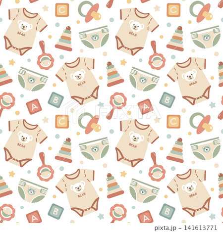 Seamless pattern with baby clothes and toys. Bodysuit with bear, diaper, rattle, pacifier, and building block. Cute background for nursery textile, wallpaper, and wrapping paper. Seamless pattern with baby clothes and toys. Bodysuit with bear, diaper, rattle, pacifier, and building block. Cute background for nursery textile, wallpaper, and wrapping paper. 141613771