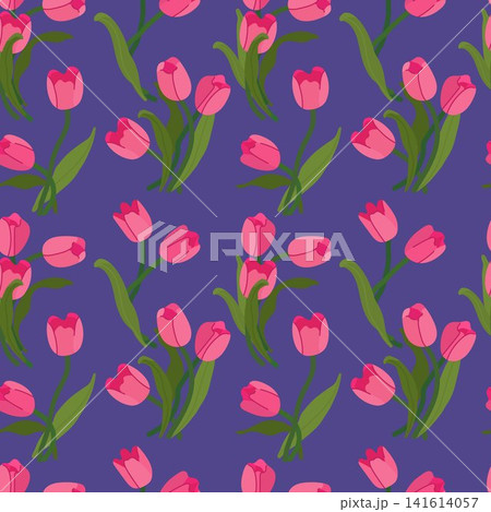 Seamless pink tulip pattern with green leaves on purple background 141614057