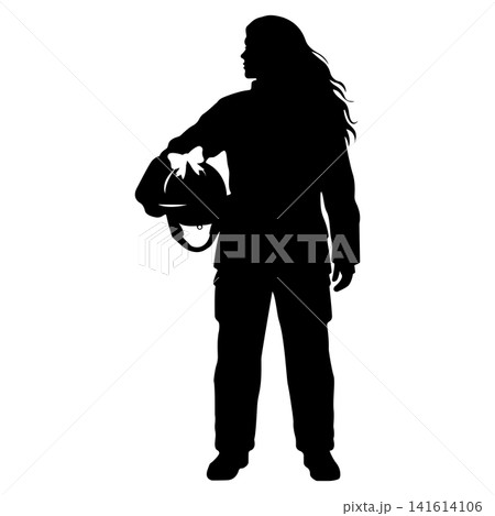Woman firefighter silhouette holding helmet showing pride and duty Woman firefighter silhouette holding helmet showing pride and duty 141614106