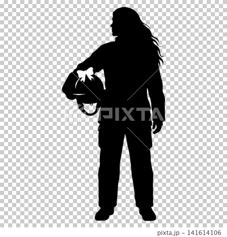 Woman firefighter silhouette holding helmet showing pride and duty Woman firefighter silhouette holding helmet showing pride and duty 141614106