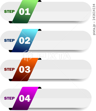 Modern 4 options infographics step template layout with oval banner buttons and colorful tabs for business process presentation timeline workflow design 141614134