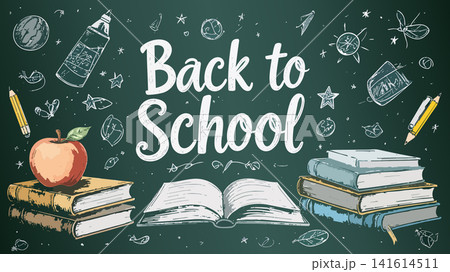 Back to school lettering on green chalkboard with education items Back to school lettering on green chalkboard with education items 141614511