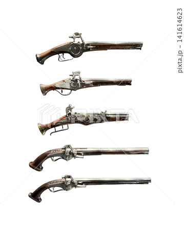 Group of antique firearms, wheellock pistols isolated on white background with clipping path 141614623