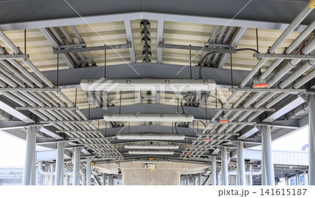 electrical steel pipeline, Electrical cable wire way on wall, cable routing between electrical distribution panel with equipment, industry construction concept background. 141615187