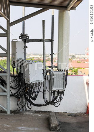 electrical steel pipeline, Electrical cable wire way on wall, cable routing between electrical distribution panel with equipment, industry construction concept background. 141615198