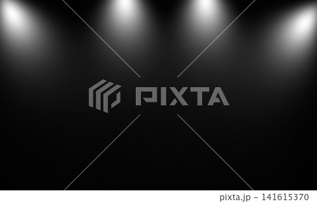 Multiple studio spotlights creating dramatic illuminated black background 141615370