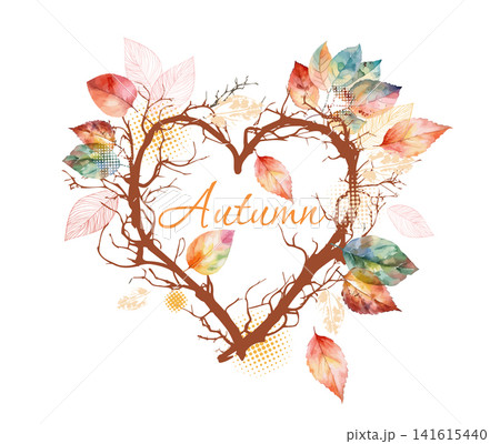 Heart of autumn twigs. Autumn frame. I love autumn. Hand drawn. Not AI, vector illustration. 141615440