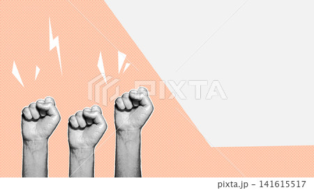 Halftone Raised Fists Copy Space Peach Background Illustration Halftone Raised Fists Copy Space Peach Background Illustration 141615517
