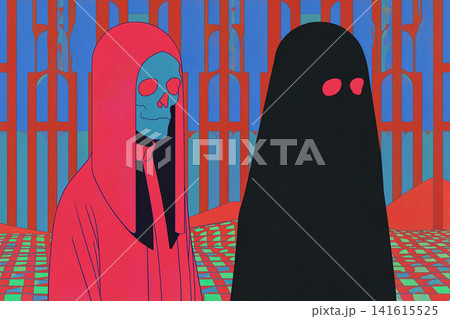 A vibrant, stylized image depicting two figures, one a skull-faced figure draped in a red cloak and the other a shadowy, cloaked form, set against a geometric background. A vibrant, stylized image depicting two figures, one a skull-faced figure draped in a red cloak and the other a shadowy, cloaked form, set against a geometric background. 141615525