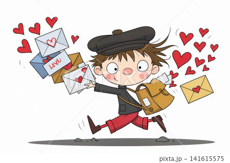 A cheerful mail carrier sprints through a flurry of hearts, overflowing with love letters. A cheerful mail carrier sprints through a flurry of hearts, overflowing with love letters. 141615575