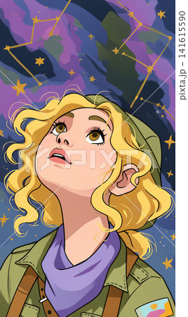 A young woman gazes up at a vibrant, starry sky, lost in wonder. A young woman gazes up at a vibrant, starry sky, lost in wonder. 141615590