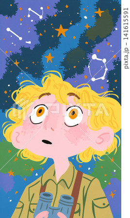A young boy gazes up at a vibrant night sky filled with constellations, holding binoculars, conveying a sense of awe and discovery. A young boy gazes up at a vibrant night sky filled with constellations, holding binoculars, conveying a sense of awe and discovery. 141615591