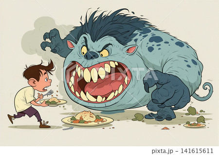 A cartoon depiction of a boy being chased by a large, blue monster who wants his food. A cartoon depiction of a boy being chased by a large, blue monster who wants his food. 141615611
