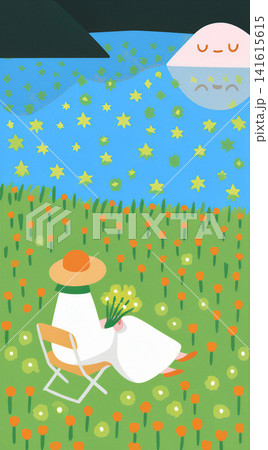 A serene woman enjoys a peaceful evening in a field of wildflowers under a starry sky. A serene woman enjoys a peaceful evening in a field of wildflowers under a starry sky. 141615615