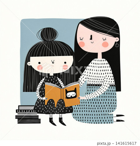 A charming illustration of two girls engrossed in a book, surrounded by a cozy stack of books. A charming illustration of two girls engrossed in a book, surrounded by a cozy stack of books. 141615617