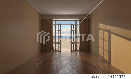 Sunlit Empty Interior with Open French Doors Overlooking a Tropical Beach Sunlit Empty Interior with Open French Doors Overlooking a Tropical Beach 141615754