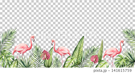 Monstera leaf frame, Pink flamingo bird, Strelitzia and red anthurium flowers template. Watercolor hand drawn palm logo, vibrant green tones. Isolated botanical illustration on transparent background. Monstera leaf frame, Pink flamingo bird, Strelitzia and red anthurium flowers template. Watercolor hand drawn palm logo, vibrant green tones. Isolated botanical illustration on transparent background. 141615759