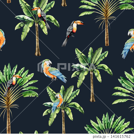 Seamless pattern with tropical palms, parrot macaw, toco toucan. Watercolor hand drawn Travelers tree, birds. Isolated banner, frame illustration on transparent background. Perfect for tropical design Seamless pattern with tropical palms, parrot macaw, toco toucan. Watercolor hand drawn Travelers tree, birds. Isolated banner, frame illustration on transparent background. Perfect for tropical design 141615762