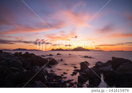 sunset on the beach. Seaside town of Turgutreis and spectacular sunsets. Selective Focus. Long Exposure shoot. tranquility scene. 141615979