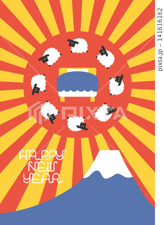 未年年賀状素材 富士山とサンバースト初日の出と羊とベッド 未年年賀状素材 富士山とサンバースト初日の出と羊とベッド 141616162