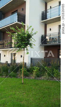 Modern apartment building with balconies, green lawn, and small tree creating urban living space 141616495