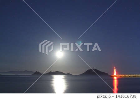Seascape at sunshine. Lighthouse and sailings on the coast. Seaside town of Turgutreis and spectacular sunshine. Long Exposure shoot. tranquility scene. With moon and venus. 141616739