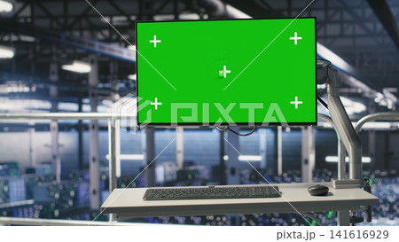 Elevated industrial data center control station green screen display showing analytics from servers powering machine learning. Chroma key monitor displaying neural network diagnostics Elevated industrial data center control station green screen display showing analytics from servers powering machine learning. Chroma key monitor displaying neural network diagnostics 141616929