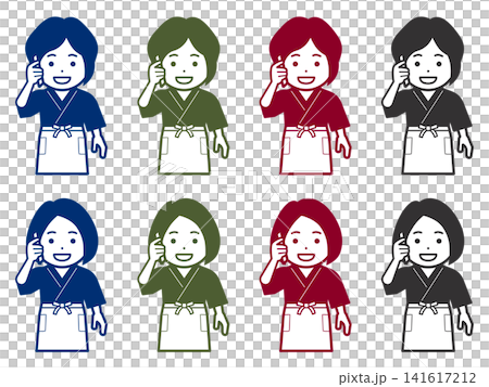 [Solid Color] [Different Hairstyle] Icon of a woman in a samue (traditional Japanese work clothing) and apron making a phone call on her smartphone. 141617212