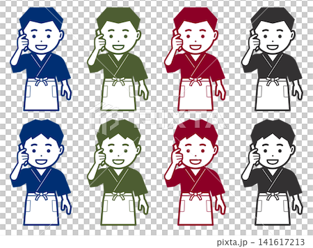 [單色] 一位身穿日本傳統工作服（samue）和圍裙的男子正在用智慧型手機打電話的圖示。 141617213