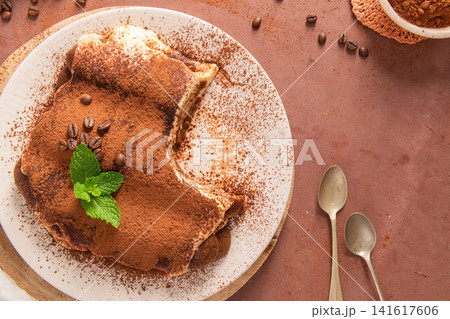 Top view of traditional homemade tiramisu cake Top view of traditional homemade tiramisu cake 141617606