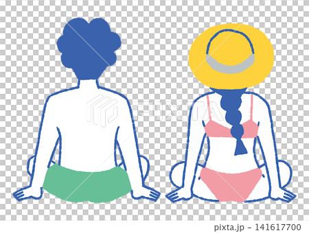 一對男女坐在沙灘上的背影(彩色) 一對男女坐在沙灘上的背影(彩色) 141617700