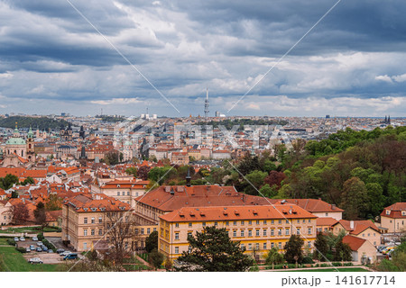 View of Prague captured from Strahov Hill with dramatic clouds move across the sky and changing 141617714