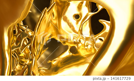 Flowing Golden Liquid Sculpture on a Deep Black Background 3d render. Flowing Golden Liquid Sculpture on a Deep Black Background 3d render. 141617729