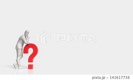 Thoughtful Businessman Searching for Answers Beside Question Symbol 3d render. 141617738