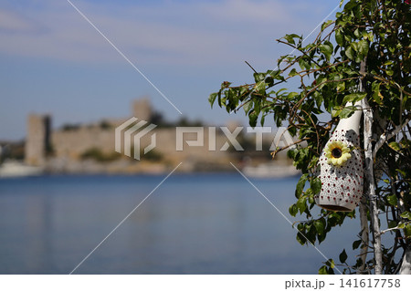 Famous holiday destination Bodrum. In the foreground, the ornamental pumpkin and the Bodrum castle were taken without focus. Famous holiday destination Bodrum. In the foreground, the ornamental pumpkin and the Bodrum castle were taken without focus. 141617758